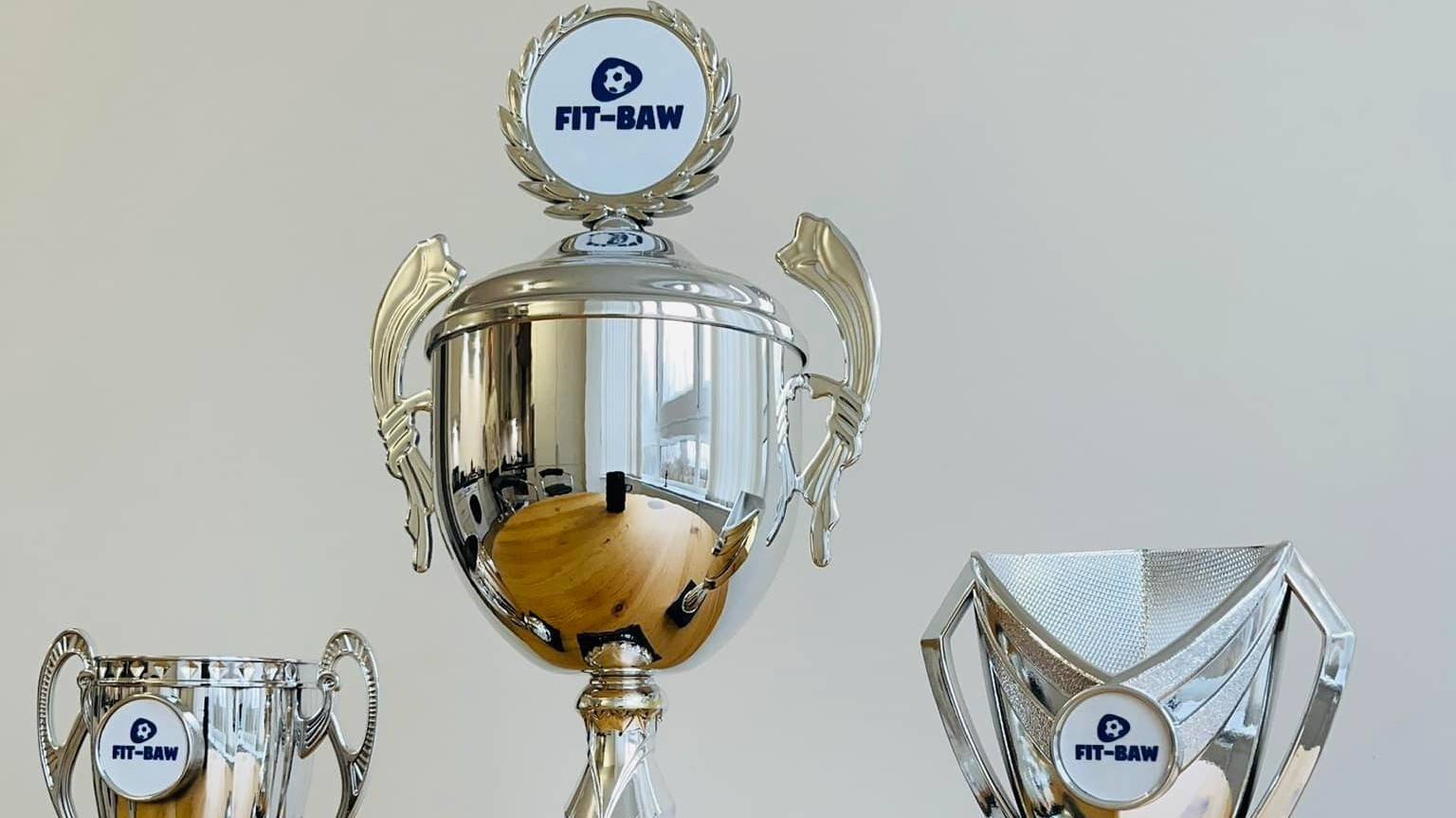 3 'Fit-Baw' trophies lined up next to each other. Plain background.